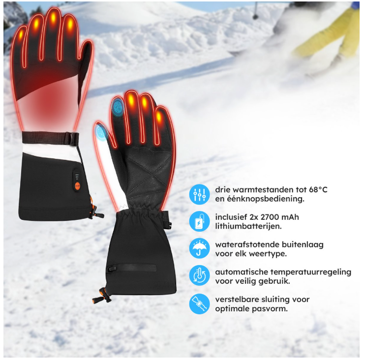 Saaf - Gants chauffants Premium - Taille L - Polyester blanc et noir - 3 niveaux de chaleur et rechargeable - Hydrofuge et coupe-vent - Confort optimal