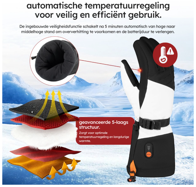 Saaf - Gants chauffants Premium - Taille L - Polyester blanc et noir - 3 niveaux de chaleur et rechargeable - Hydrofuge et coupe-vent - Confort optimal