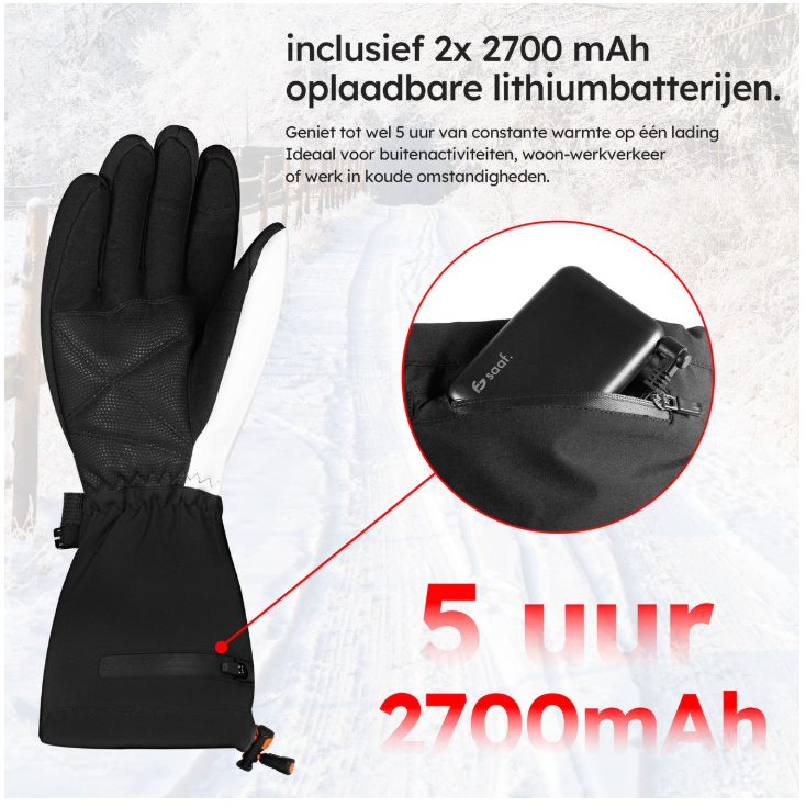 Saaf - Gants chauffants Premium - Taille L - Polyester blanc et noir - 3 niveaux de chaleur et rechargeable - Hydrofuge et coupe-vent - Confort optimal