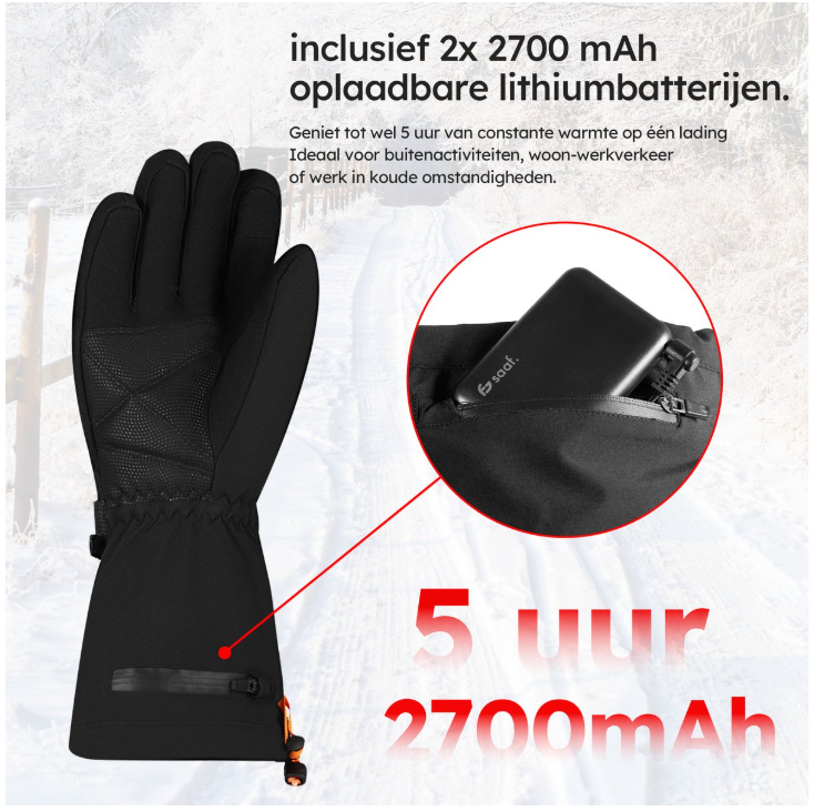 Saaf - Gants chauffants Premium - Taille L - Polyester noir - 3 niveaux de chaleur et rechargeable - Hydrofuge et coupe-vent - Confort optimal
