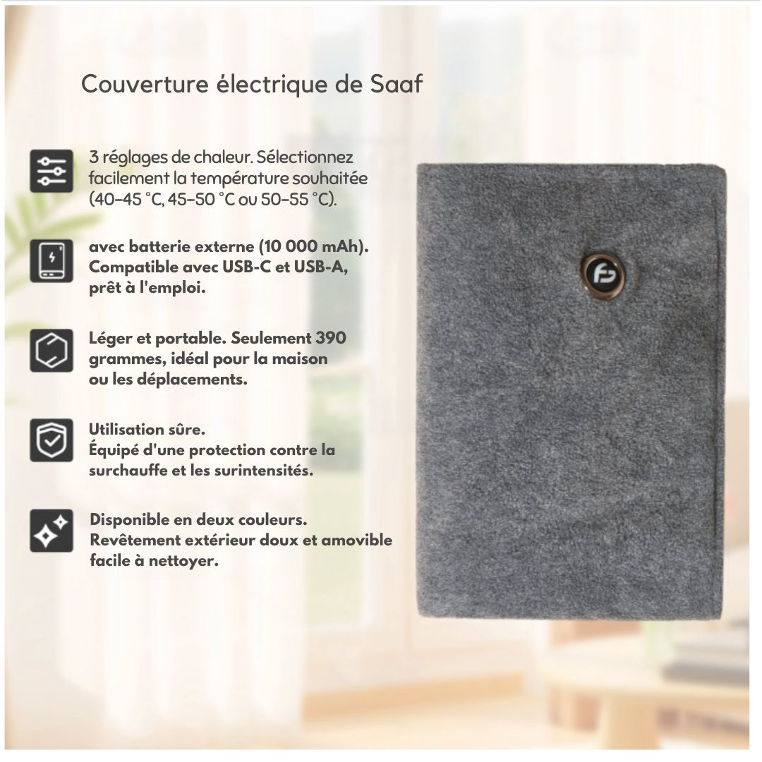 Couverture électrique et chauffage de chaise Saaf - 40 x 110 cm - Polyester gris original - 3 modes de chauffage avec 10 000 mAh Powerbank - Chauffage sans fil et USB - Confort maximal - gris