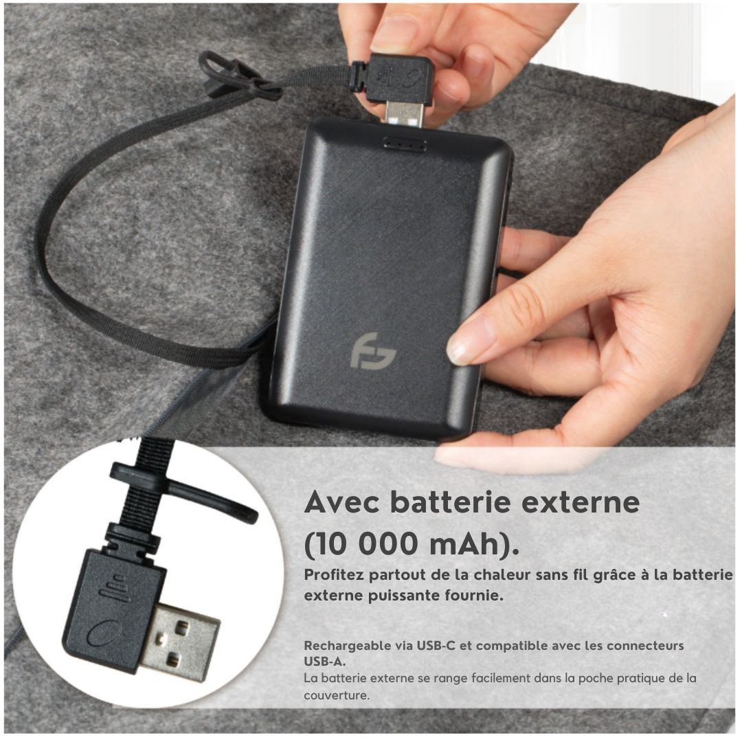 Couverture électrique et chauffage de chaise Saaf - 40 x 110 cm - Polyester gris original - 3 modes de chauffage avec 10 000 mAh Powerbank - Chauffage sans fil et USB - Confort maximal - gris