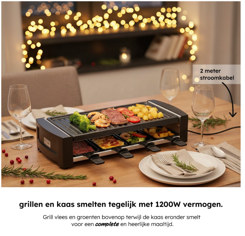 Saaf - Set Gourmet & Raclette - 1200W - Métal noir - Avec plaque de cuisson amovible et revêtement antiadhésif - Pour 8 personnes - Lavable au lave-vaisselle - Convivial Dining