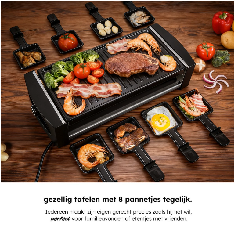 Saaf - Set Gourmet & Raclette - 1200W - Métal noir - Avec plaque de cuisson amovible et revêtement antiadhésif - Pour 8 personnes - Lavable au lave-vaisselle - Convivial Dining