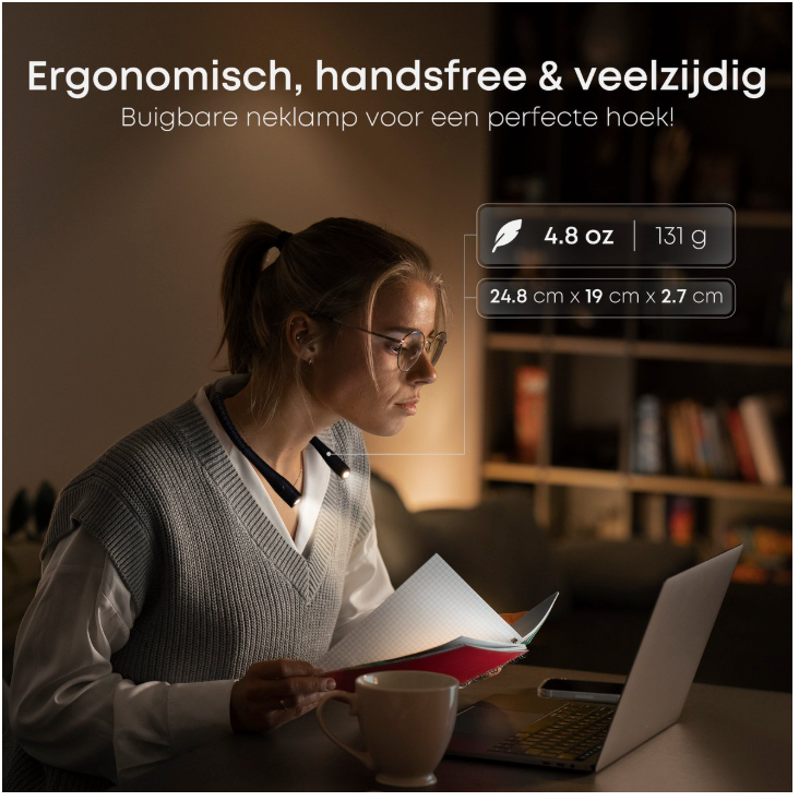 Skoov - Lampe de cou et lampe de lecture - Plastique noir - 3 couleurs de lumière et 6 modes de luminosité - Rechargeable via USB - Mains libres et pliable - Idéal pour la lecture au lit et le bricolage