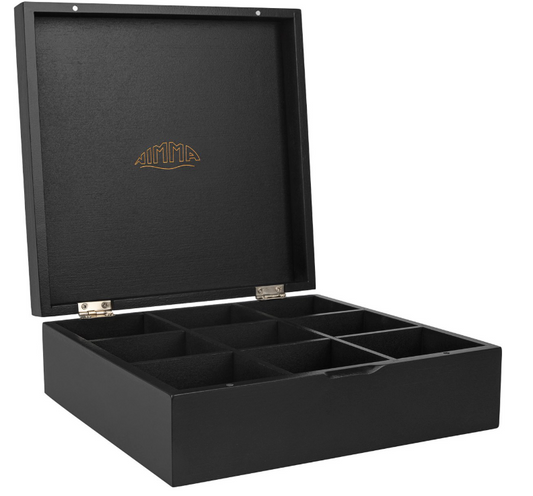 Nimma - Boîte à thé de luxe - 9 compartiments - Bambou noir - Avec fermeture magnétique et design compact - Organisateur de thé - Élégant et durable