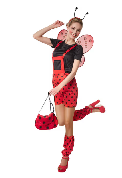 DressForFun - Costume de coccinelle Marina - Taille S - Polyester rouge et noir - Pantalon et T-shirt de jardin à pois - Jambières et ornement de cheveux inclus - Costume de carnaval pour dames