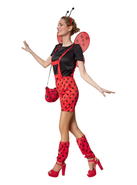 DressForFun - Costume de coccinelle Marina - Taille S - Polyester rouge et noir - Pantalon et T-shirt de jardin à pois - Jambières et ornement de cheveux inclus - Costume de carnaval pour dames