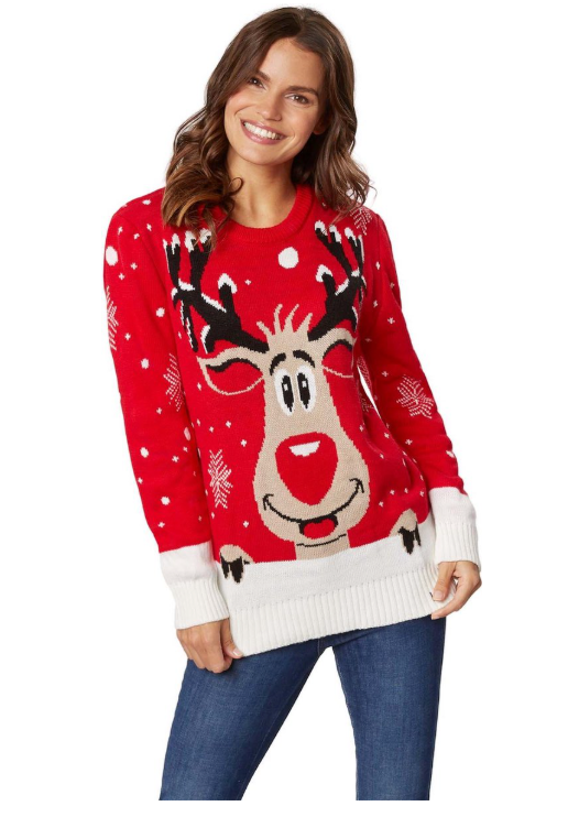 DressForFun - Pull de Noël Rudi Renne - Taille XXL - Polyester et Acrylique rouge - Design tricoté avec pompons - Confortable et chaud - Vêtements de fête pour Noël et Carnaval