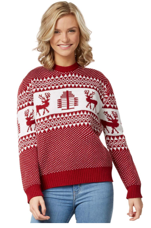 DressForFun - Pull de Noël Winter Wonderland - Taille XL - Polyester rouge et blanc - Motif traditionnel norvégien en tricot - Confortable et chaud - Vêtements de fête pour Noël et le carnaval