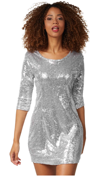 DressForFun - Robe à manches longues en paillette - Taille XXL - Polyester argenté - Brillant et élastique - Mini robe de fermeture - Robe de soirée pour le carnaval et les fêtes à paillettes