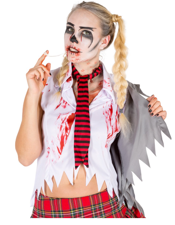 DressForFun - Costume de zombie sexy pour femme - Taille L - Polyester blanc et rouge - Mini robe déchiquetée avec taches de sang - look effrayant - Halloween & Carnaval - Robe pour dames