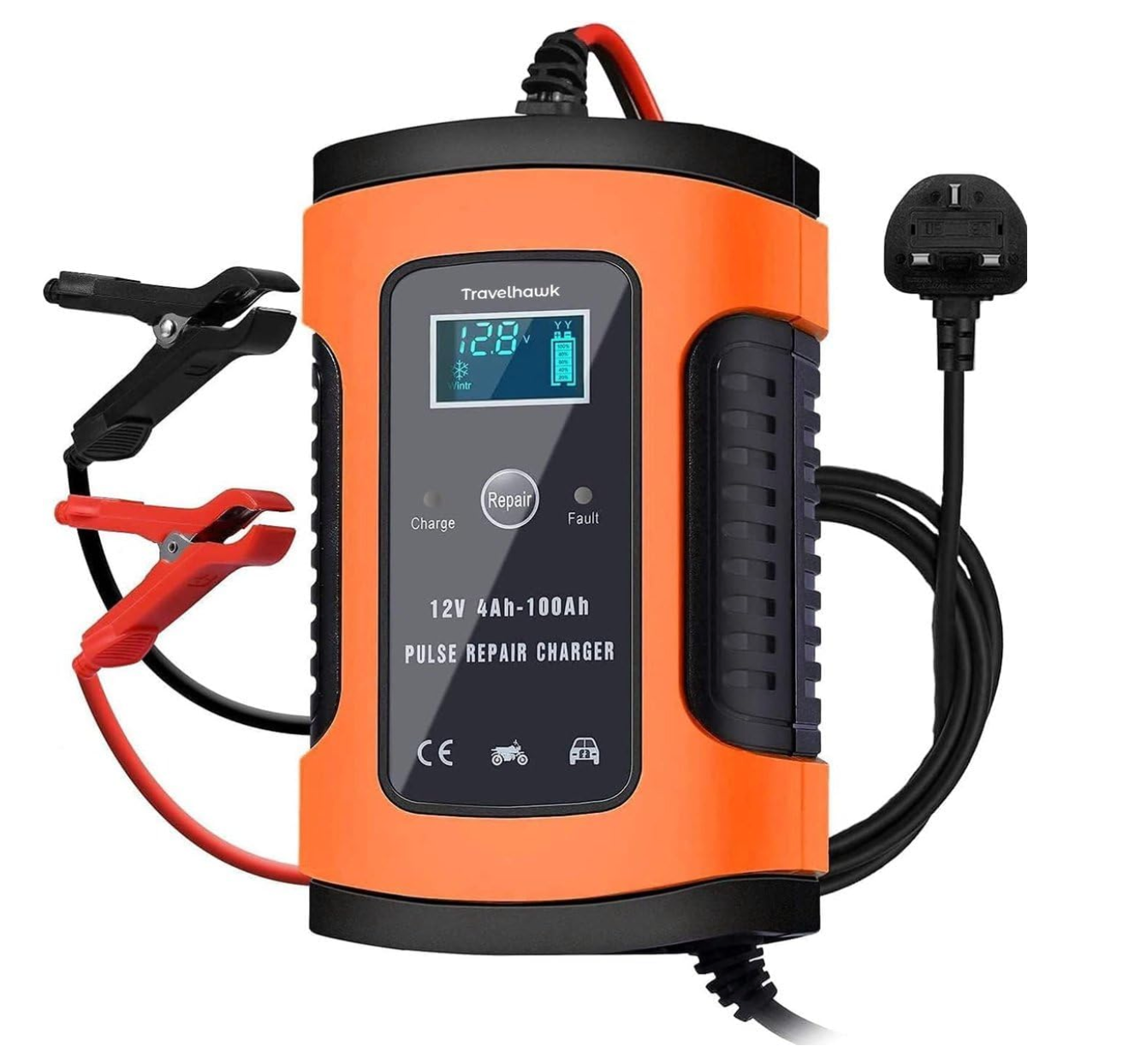 TravelHawk - Chargeur de batterie de voiture et chargeur goutte à goutte - 12V/24V - Plastique noir et rouge - Chargement entièrement automatique à 7 niveaux - Mode réparation et écran LCD - Chargeur universel pour l'entretien de la batterie