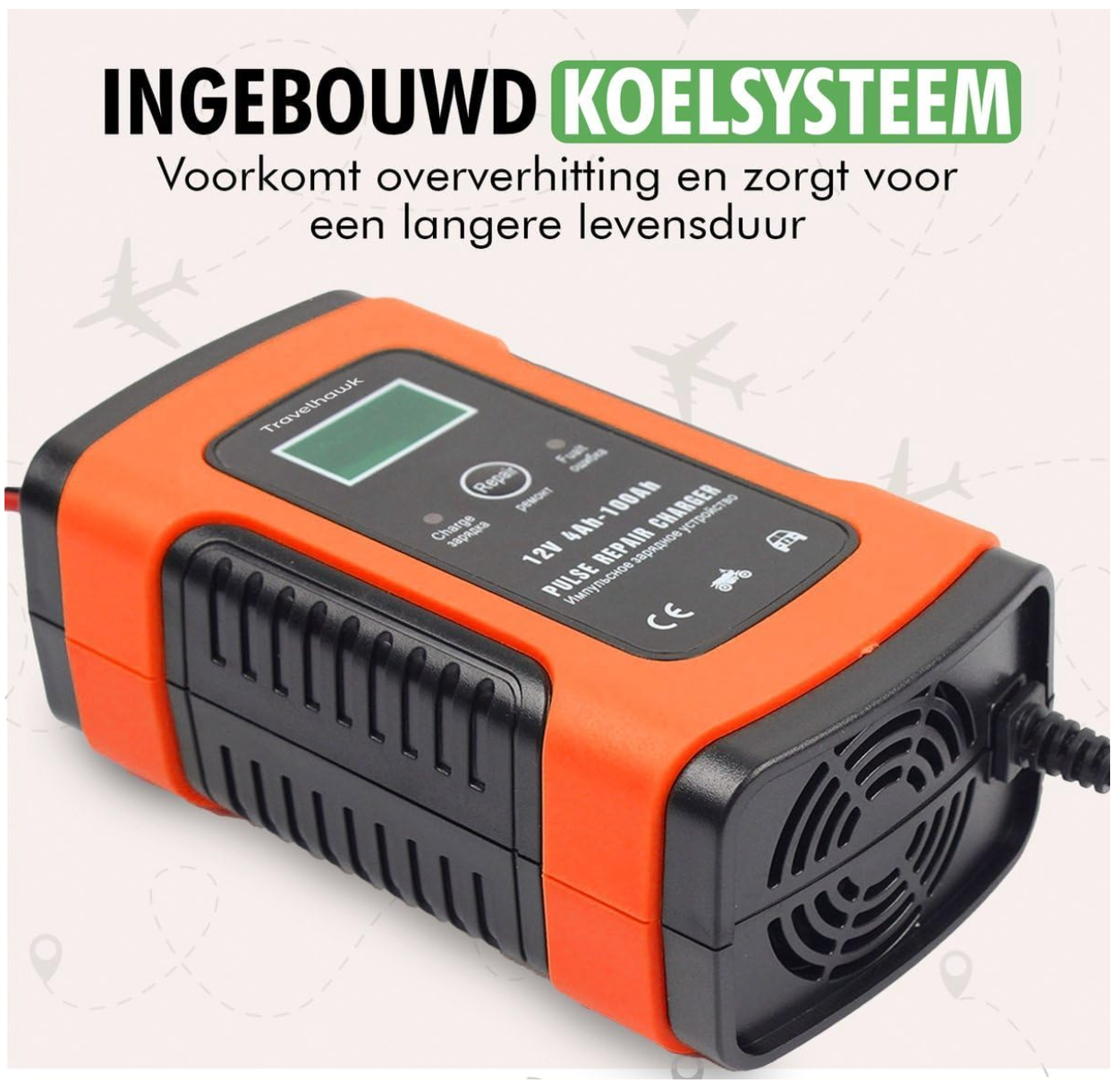 TravelHawk - Chargeur de batterie de voiture et chargeur goutte à goutte - 12V/24V - Plastique noir et rouge - Chargement entièrement automatique à 7 niveaux - Mode réparation et écran LCD - Chargeur universel pour l'entretien de la batterie