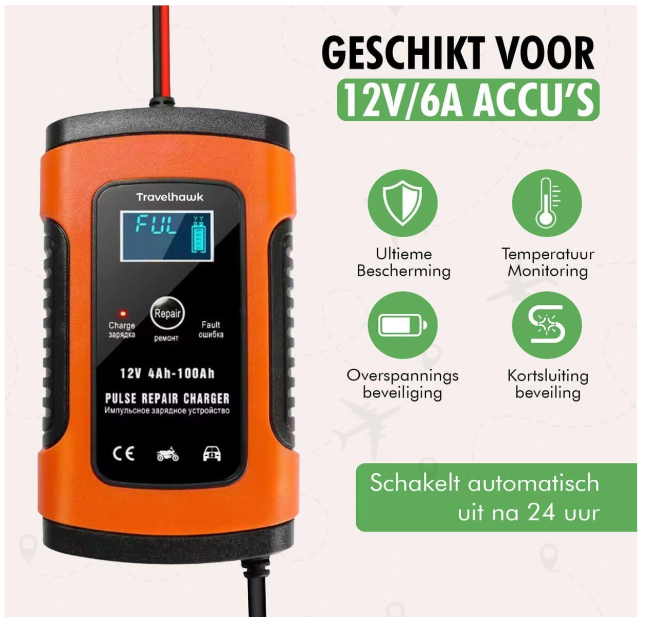 TravelHawk - Chargeur de batterie de voiture et chargeur goutte à goutte - 12V/24V - Plastique noir et rouge - Chargement entièrement automatique à 7 niveaux - Mode réparation et écran LCD - Chargeur universel pour l'entretien de la batterie