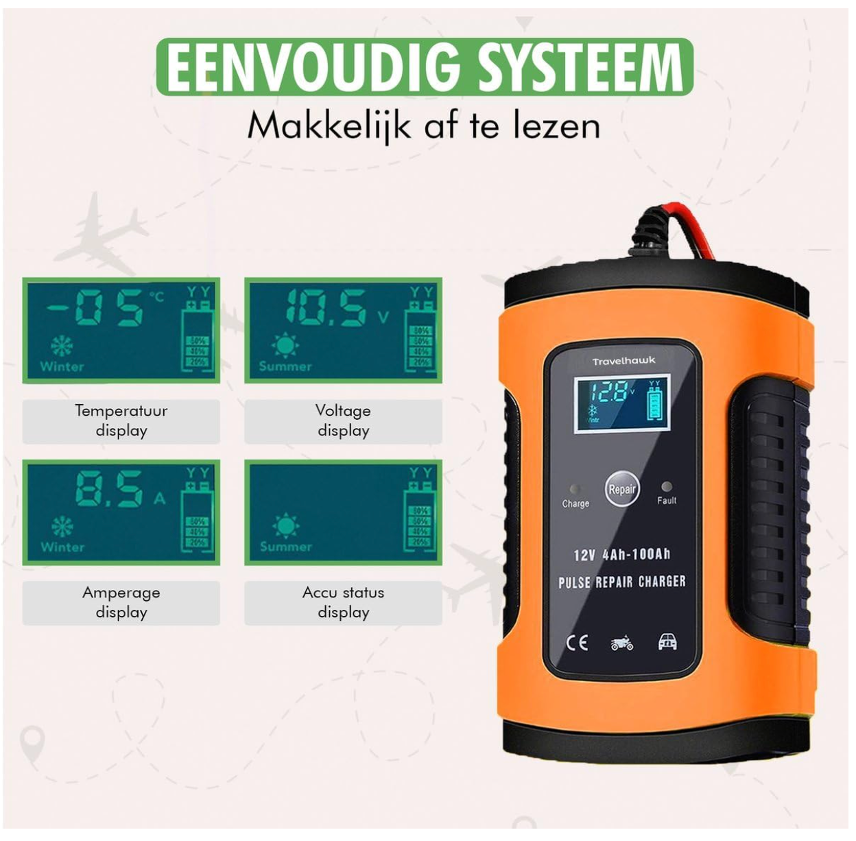 TravelHawk - Chargeur de batterie de voiture et chargeur goutte à goutte - 12V/24V - Plastique noir et rouge - Chargement entièrement automatique à 7 niveaux - Mode réparation et écran LCD - Chargeur universel pour l'entretien de la batterie