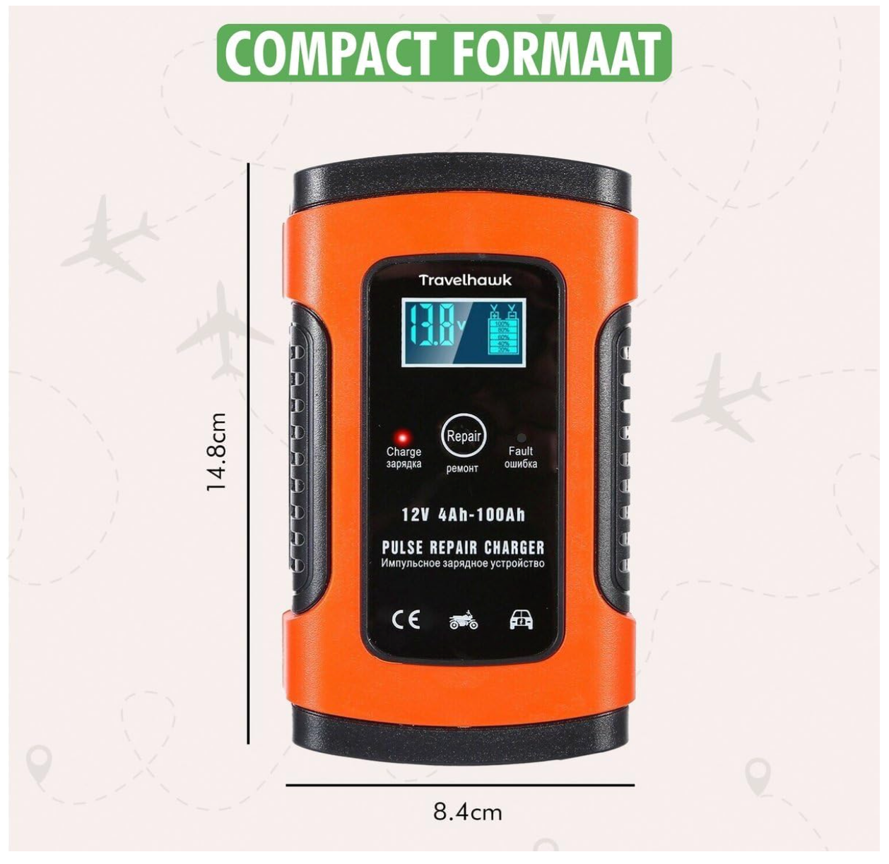 TravelHawk - Chargeur de batterie de voiture et chargeur goutte à goutte - 12V/24V - Plastique noir et rouge - Chargement entièrement automatique à 7 niveaux - Mode réparation et écran LCD - Chargeur universel pour l'entretien de la batterie
