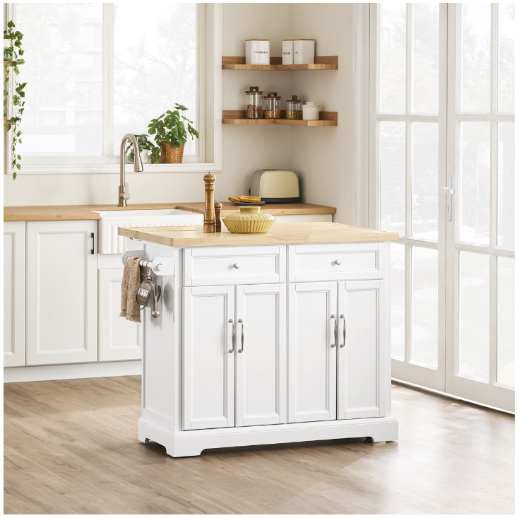 SoBuy - Ilot de cuisine et chariot de cuisine FKW71-WN - 115x71x93 cm - Blanc et hévéa naturel - Plan de travail extensible et meuble de rangement - Bloc de cuisine mobile sur roulettes - FKW71-WN