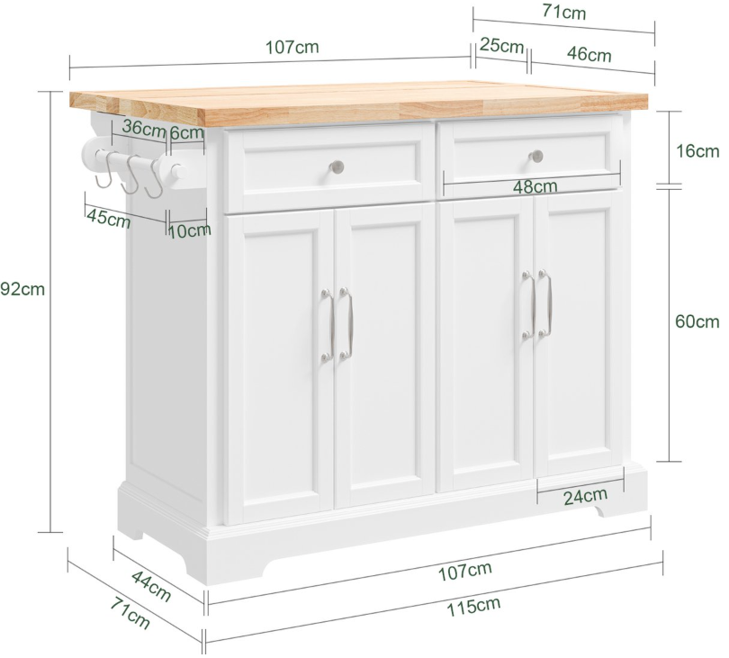 SoBuy - Ilot de cuisine et chariot de cuisine FKW71-WN - 115x71x93 cm - Blanc et hévéa naturel - Plan de travail extensible et meuble de rangement - Bloc de cuisine mobile sur roulettes - FKW71-WN
