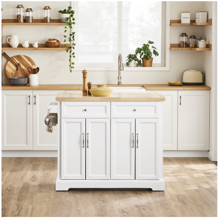 SoBuy - Ilot de cuisine et chariot de cuisine FKW71-WN - 115x71x93 cm - Blanc et hévéa naturel - Plan de travail extensible et meuble de rangement - Bloc de cuisine mobile sur roulettes - FKW71-WN