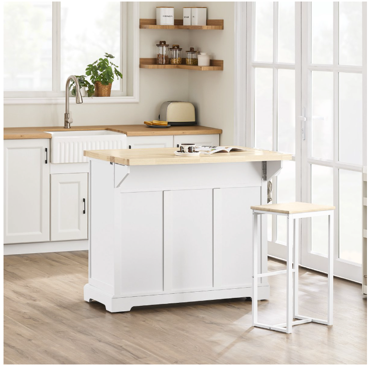 SoBuy - Ilot de cuisine et chariot de cuisine FKW71-WN - 115x71x93 cm - Blanc et hévéa naturel - Plan de travail extensible et meuble de rangement - Bloc de cuisine mobile sur roulettes - FKW71-WN