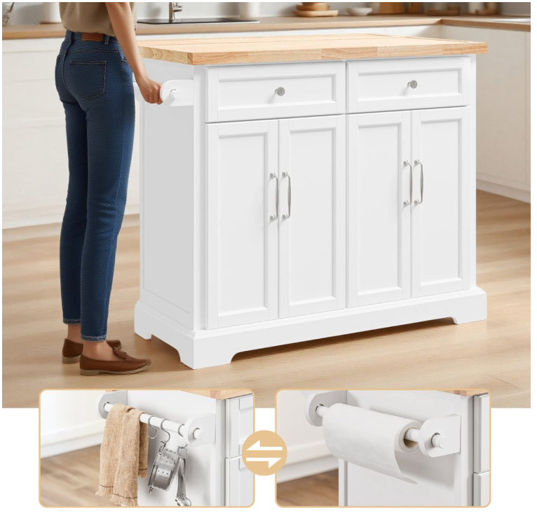 SoBuy - Ilot de cuisine et chariot de cuisine FKW71-WN - 115x71x93 cm - Blanc et hévéa naturel - Plan de travail extensible et meuble de rangement - Bloc de cuisine mobile sur roulettes - FKW71-WN