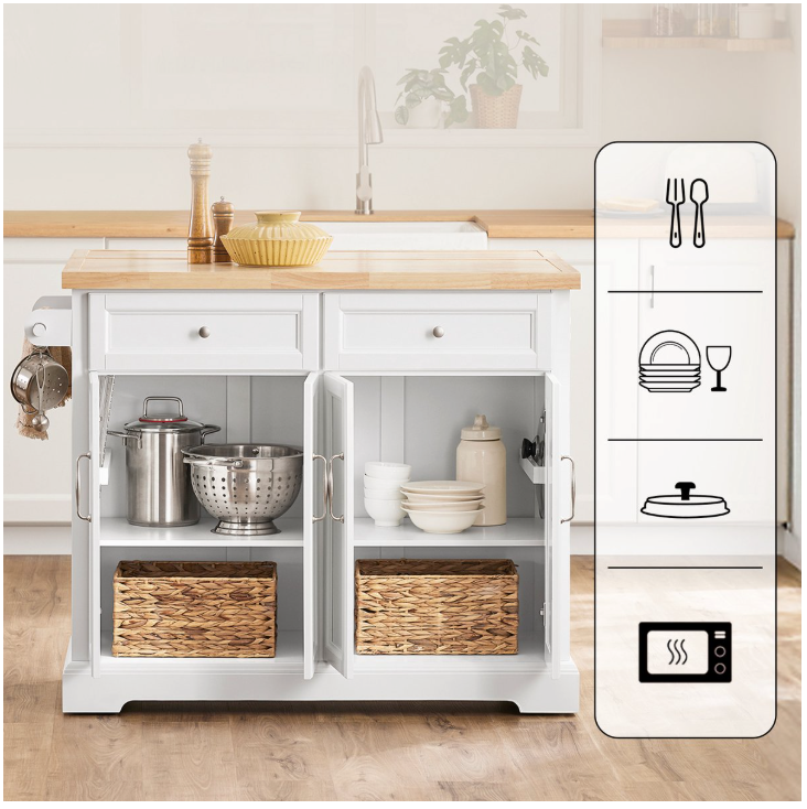SoBuy - Ilot de cuisine et chariot de cuisine FKW71-WN - 115x71x93 cm - Blanc et hévéa naturel - Plan de travail extensible et meuble de rangement - Bloc de cuisine mobile sur roulettes - FKW71-WN