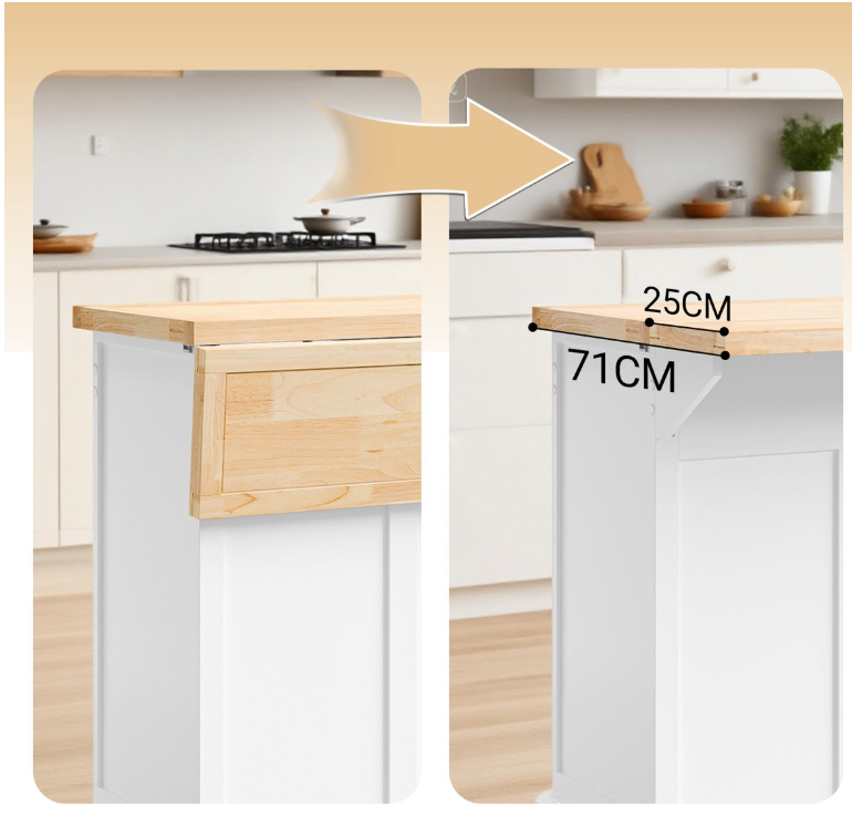 SoBuy - Ilot de cuisine et chariot de cuisine FKW71-WN - 115x71x93 cm - Blanc et hévéa naturel - Plan de travail extensible et meuble de rangement - Bloc de cuisine mobile sur roulettes - FKW71-WN