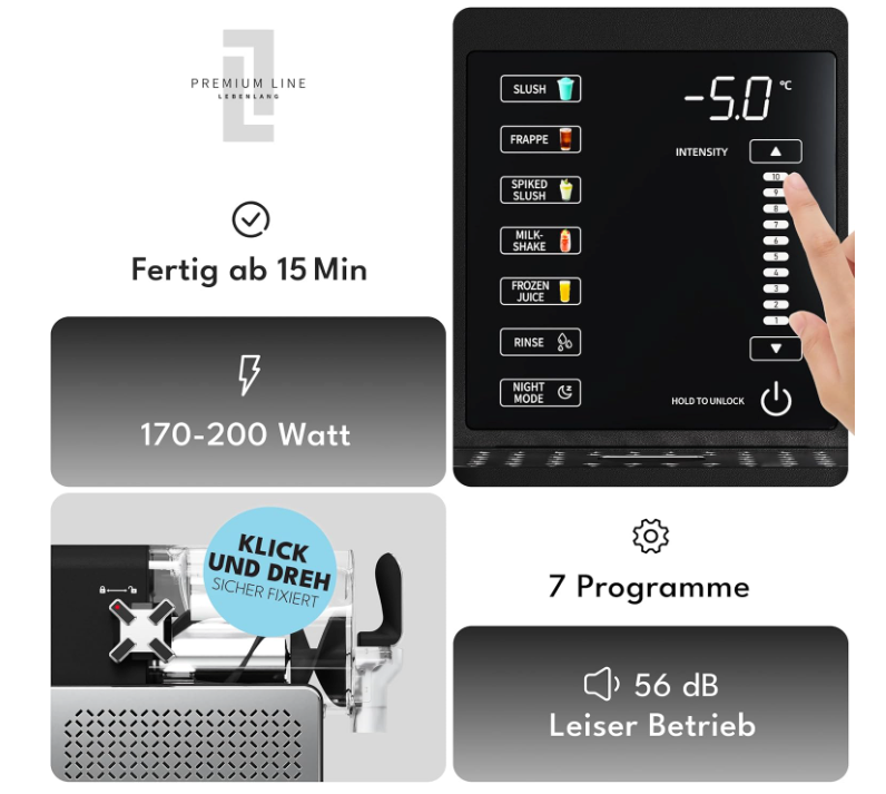 LEBENLANG - Premium Slush-machine 2L - 5 Modes - QuickFreeze in 15 min - Auto-Clean & LED Touchscreen - Including Recipe Book - Slushie Maker for Home, Parties & Kids' Birthdays