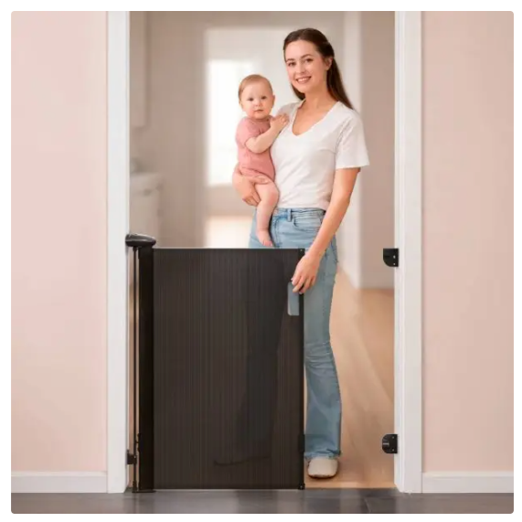 Vulpes Goods® - Porte d'escalier enroulable® - 145 x 84 cm - équipée d'une sécurité enfant Push-En-Lock, d'un indicateur de couleur et d'une commande à une main - pour les enfants et les animaux de compagnie - plastique noir et grillage