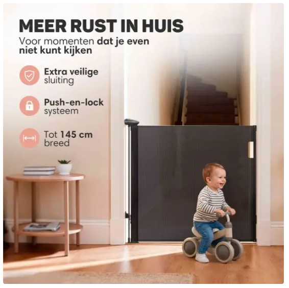 Vulpes Goods® - Porte d'escalier enroulable® - 145 x 84 cm - équipée d'une sécurité enfant Push-En-Lock, d'un indicateur de couleur et d'une commande à une main - pour les enfants et les animaux de compagnie - plastique noir et grillage