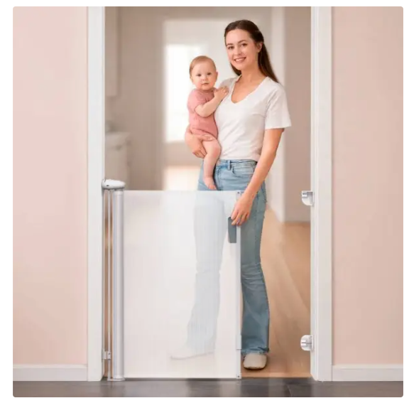 Vulpes Goods® - Porte d'escalier enroulable - 145 x 84 cm - équipée d'une sécurité enfant Push-En-Lock, d'un indicateur de couleur et d'une commande à une main - pour les enfants et les animaux domestiques - plastique blanc et grillage