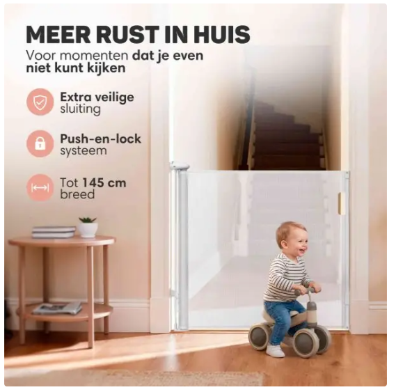 Vulpes Goods® - Porte d'escalier enroulable - 145 x 84 cm - équipée d'une sécurité enfant Push-En-Lock, d'un indicateur de couleur et d'une commande à une main - pour les enfants et les animaux domestiques - plastique blanc et grillage