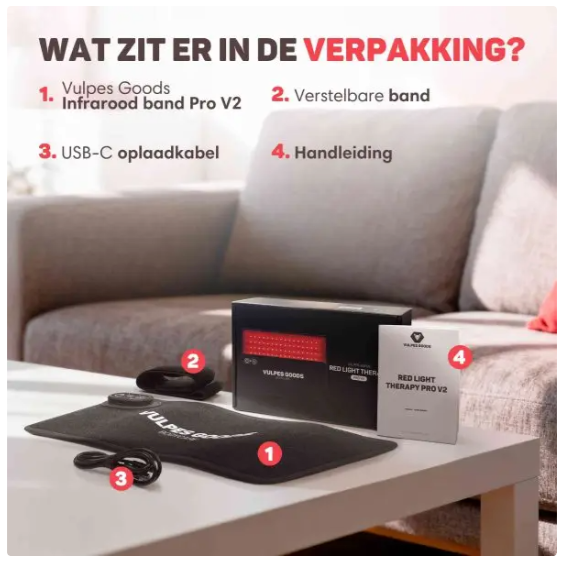 Vulpes Goods® - Bande infrarouge portable Pro V2 - 35 x 15 cm - 80 LED, 3 niveaux de gradation, batterie rechargeable 2000mAh et minuterie - Pour le dos, les épaules et les bras - Plastique et textile noir