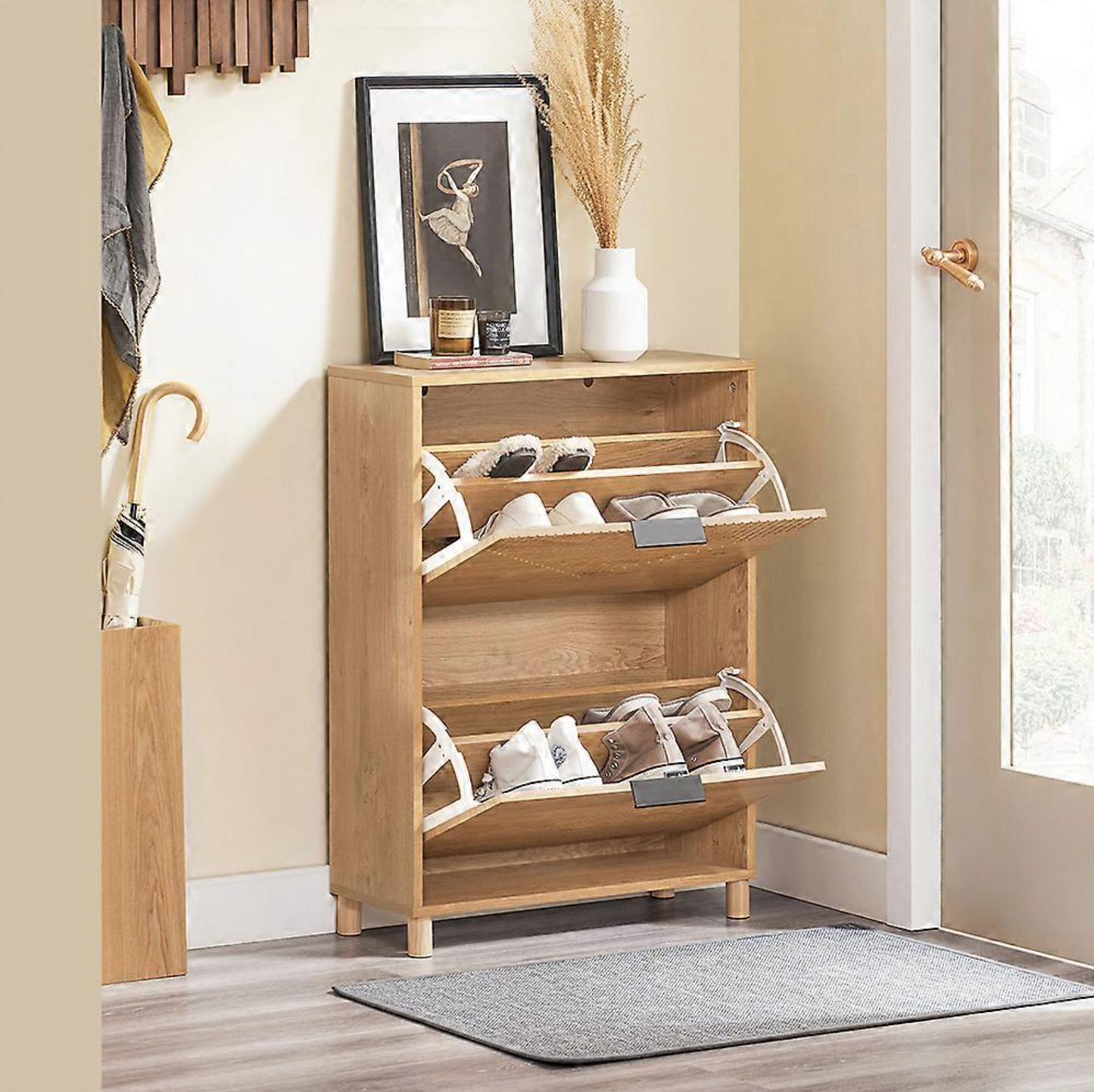 SoBuy Meuble à chaussures étroit - Meuble à chaussures avec portes à rabats - Meuble de rangement pour couloir - 8 paires de chaussures - Design en bois - 60x24x83 cm