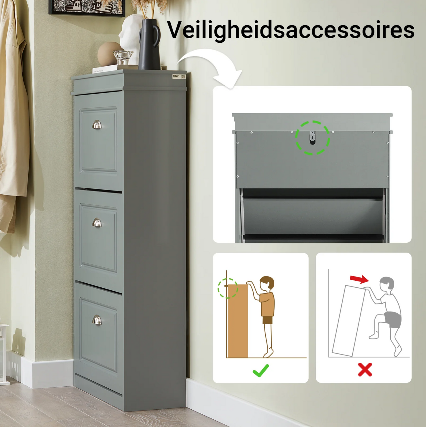 SoBuy Armoire à chaussures moderne - Rangement de chaussures à 3 volets - Meuble d'entrée élégant et peu encombrant - 53x24x117 cm - Gris