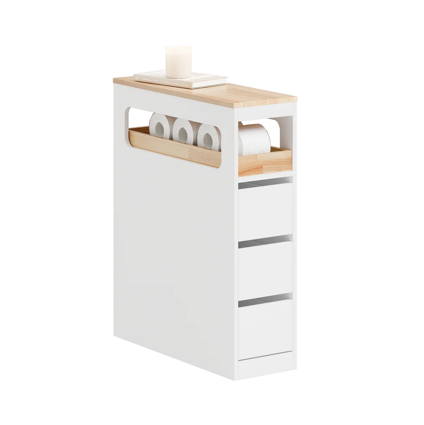 SoBuy Meuble de salle de bain étroit sur roulettes - 65x23x82 cm - 3 tiroirs - Compartiment ouvert - MDF & bois - Blanc/Naturel