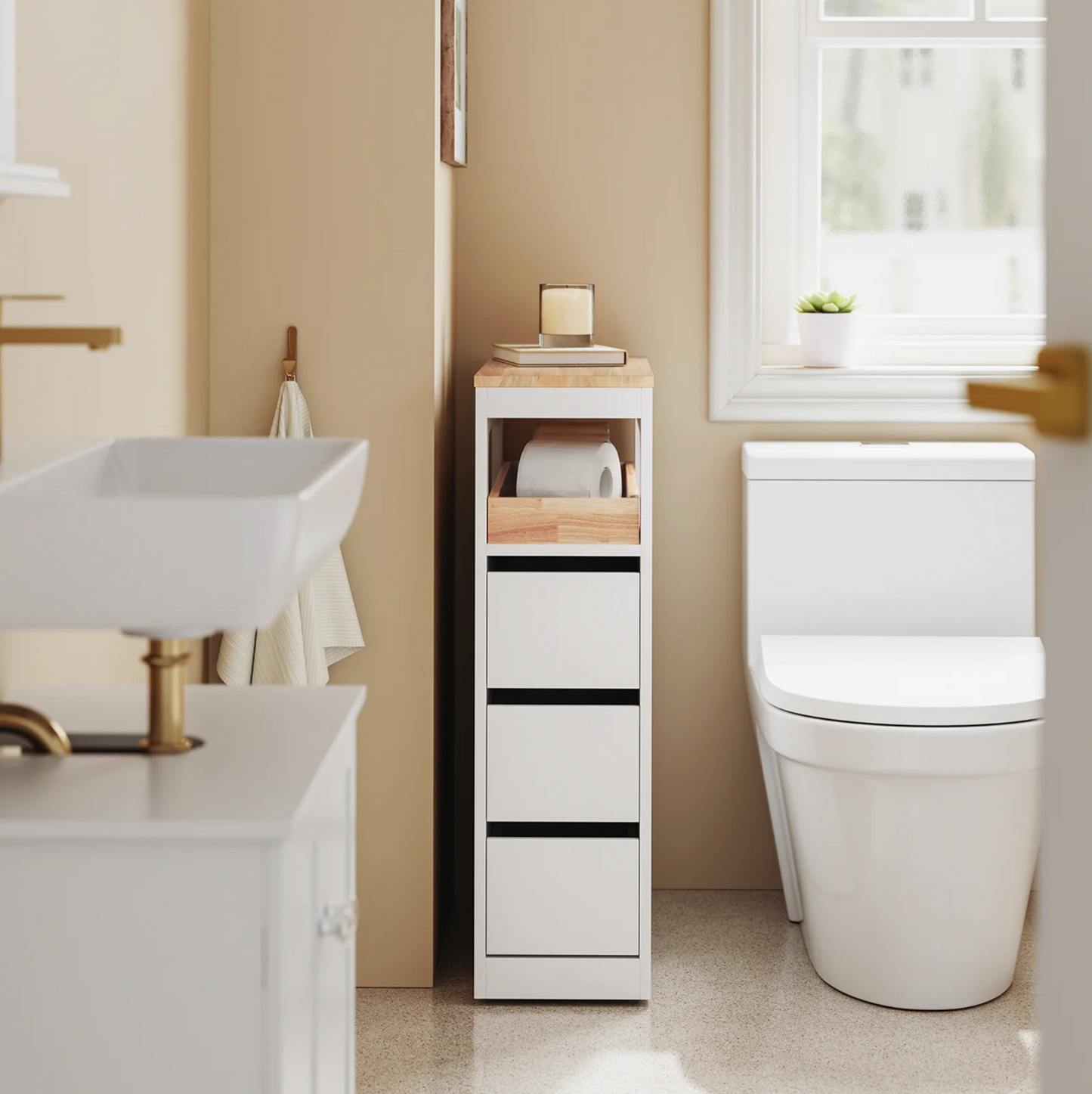 SoBuy Meuble de salle de bain étroit sur roulettes - 65x23x82 cm - 3 tiroirs - Compartiment ouvert - MDF & bois - Blanc/Naturel