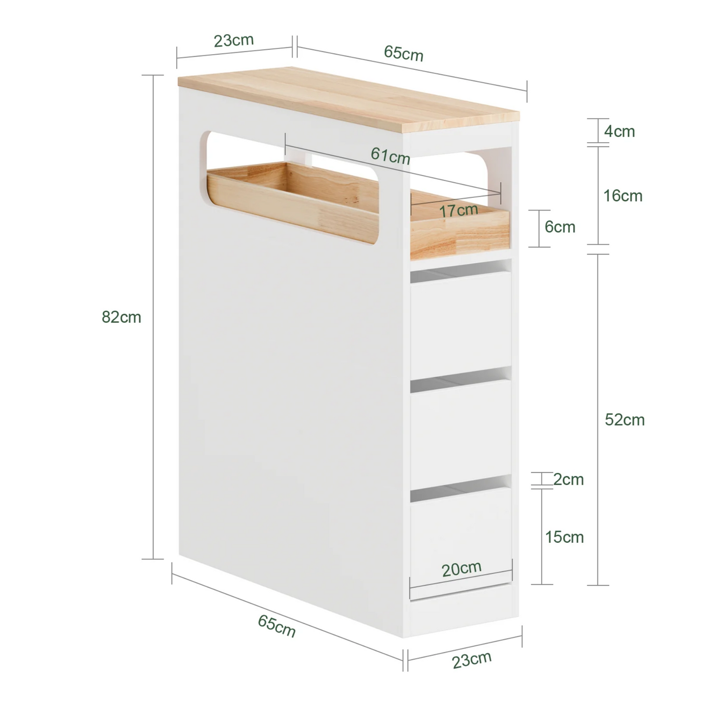 SoBuy Meuble de salle de bain étroit sur roulettes - 65x23x82 cm - 3 tiroirs - Compartiment ouvert - MDF & bois - Blanc/Naturel