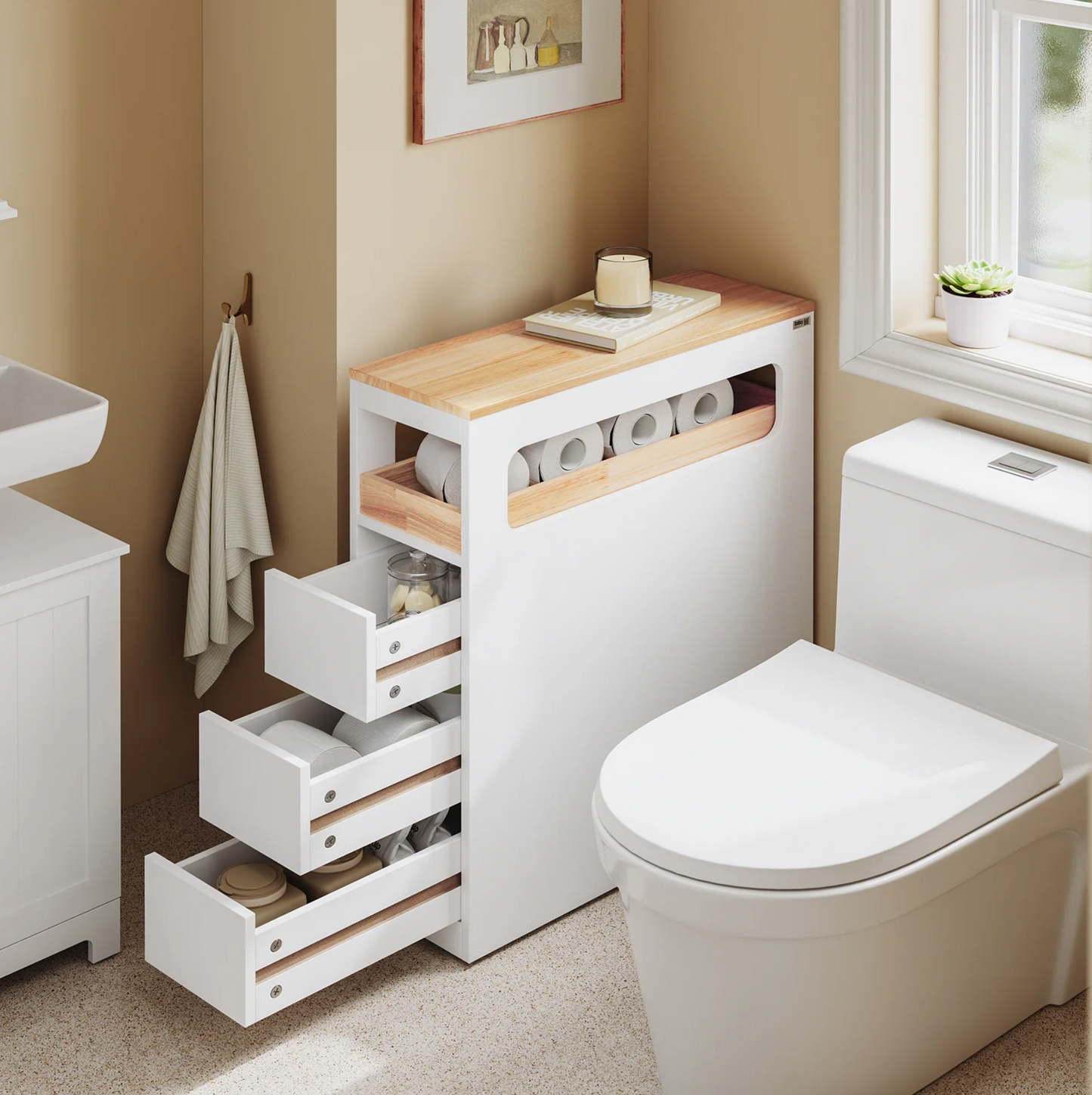 SoBuy Meuble de salle de bain étroit sur roulettes - 65x23x82 cm - 3 tiroirs - Compartiment ouvert - MDF & bois - Blanc/Naturel