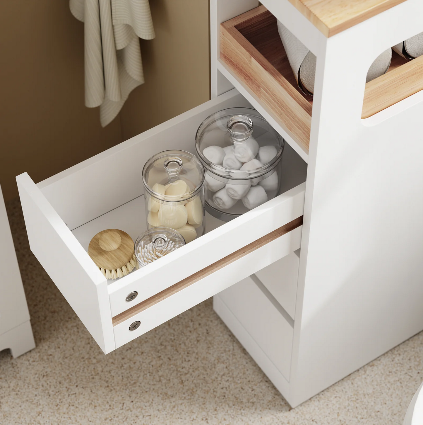 SoBuy Meuble de salle de bain étroit sur roulettes - 65x23x82 cm - 3 tiroirs - Compartiment ouvert - MDF & bois - Blanc/Naturel