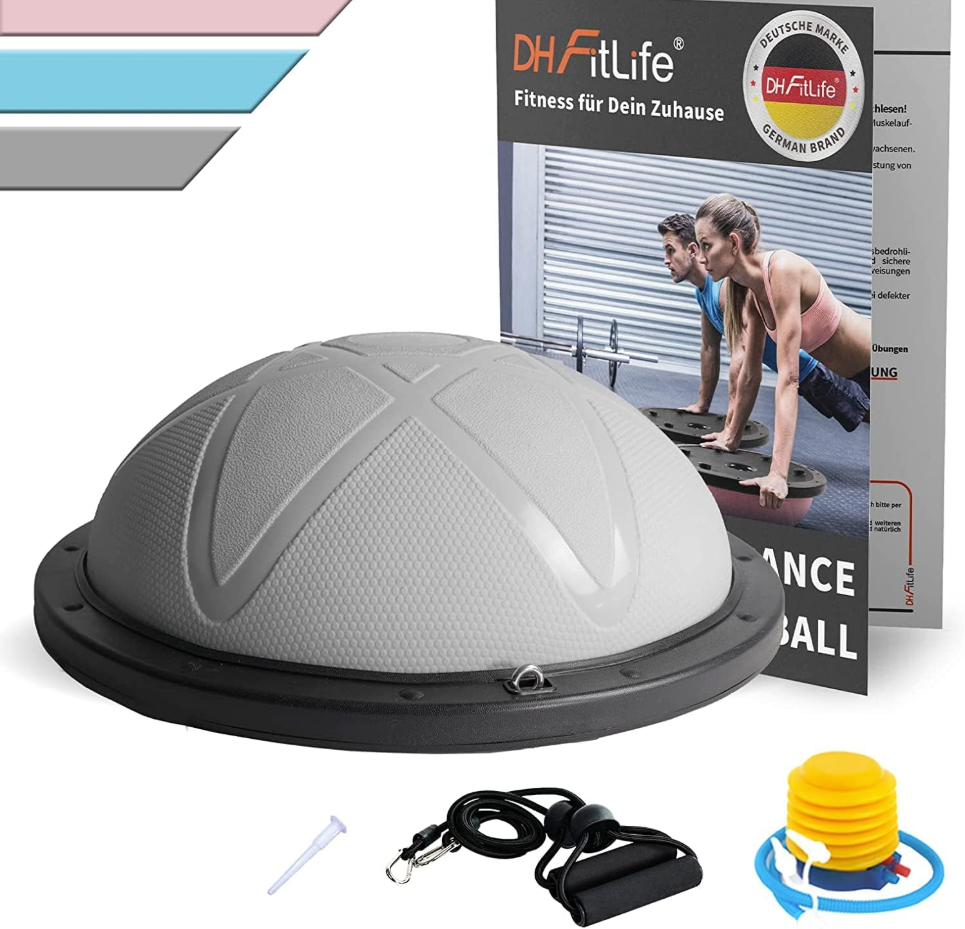 DH FitLife Balance Ball - Yoga Balance Trainer Ø60 cm, demi-ballon de gym avec sangles de résistance et pompe, rechargeable jusqu'à 200 kg - Balance Board Fitness - Gris