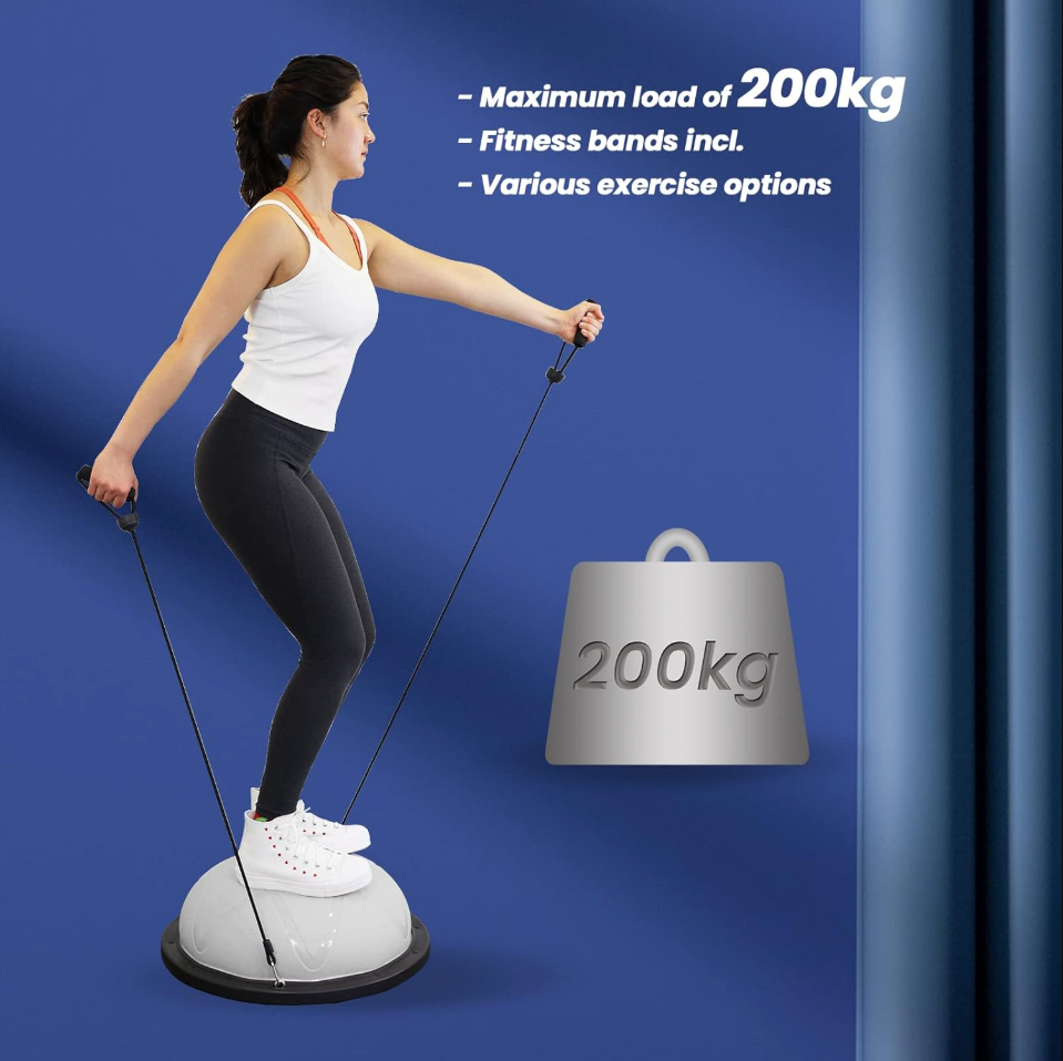DH FitLife Balance Ball - Yoga Balance Trainer Ø60 cm, demi-ballon de gym avec sangles de résistance et pompe, rechargeable jusqu'à 200 kg - Balance Board Fitness - Gris