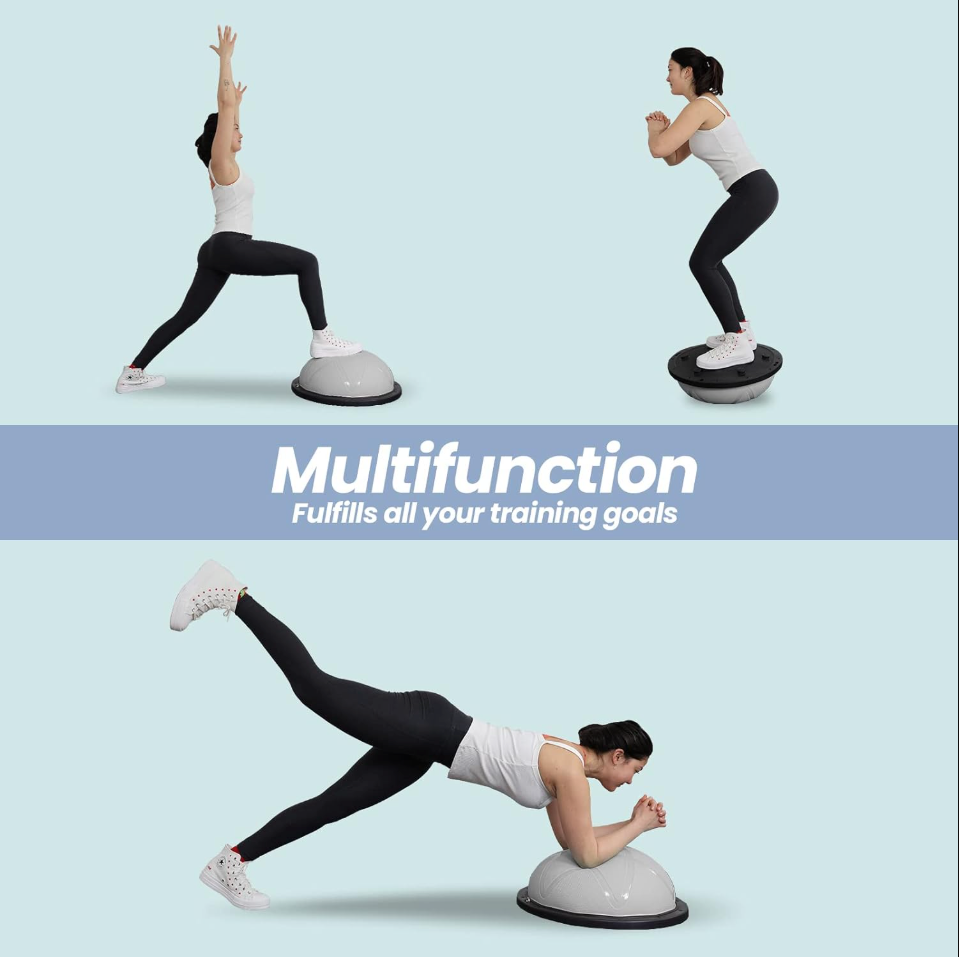 DH FitLife Balance Ball - Yoga Balance Trainer Ø60 cm, demi-ballon de gym avec sangles de résistance et pompe, rechargeable jusqu'à 200 kg - Balance Board Fitness - Gris