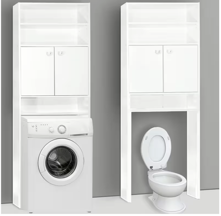 Casaria Armoire à laver Neapel - Equipée de trois étagères et de portes avec fermeture magnétique et protection anti-basculement murale - Pour salle de bains et buanderie - Panneau de particules Mdf blanc - 185x63x20 cm