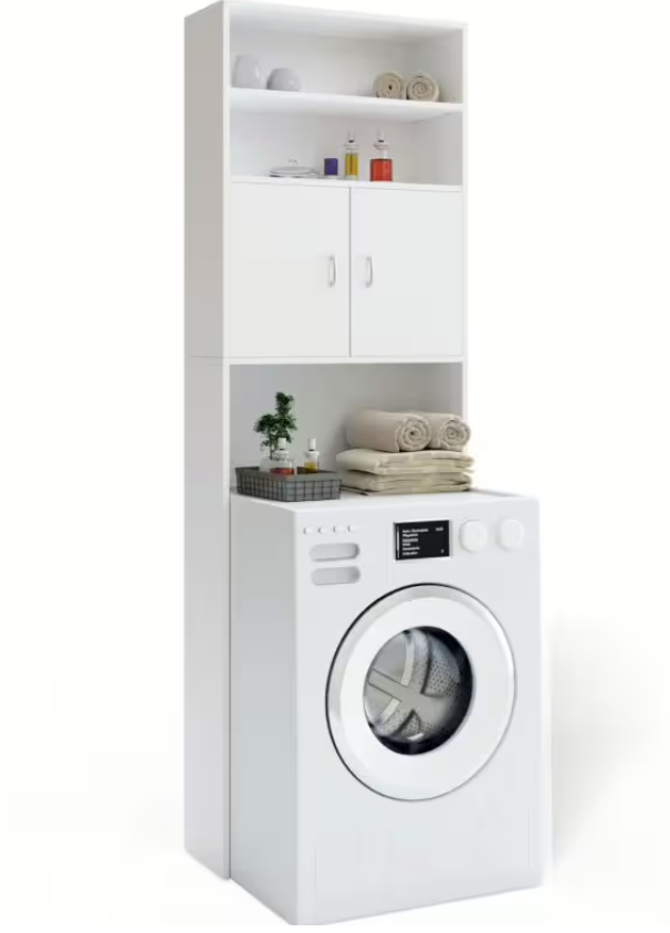 Casaria Armoire à laver Neapel - Equipée de trois étagères et de portes avec fermeture magnétique et protection anti-basculement murale - Pour salle de bains et buanderie - Panneau de particules Mdf blanc - 185x63x20 cm
