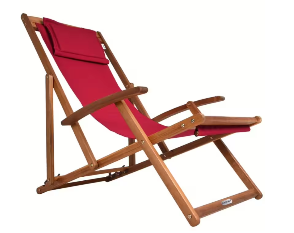 Casaria Garden Lounger Beach Chair - équipée de trois pieds et d'un appui-tête Detex amovible et d'un cadre pliable - pour la plage et la terrasse - polyester rouge et bois d'acacia - 94x60x94 cm