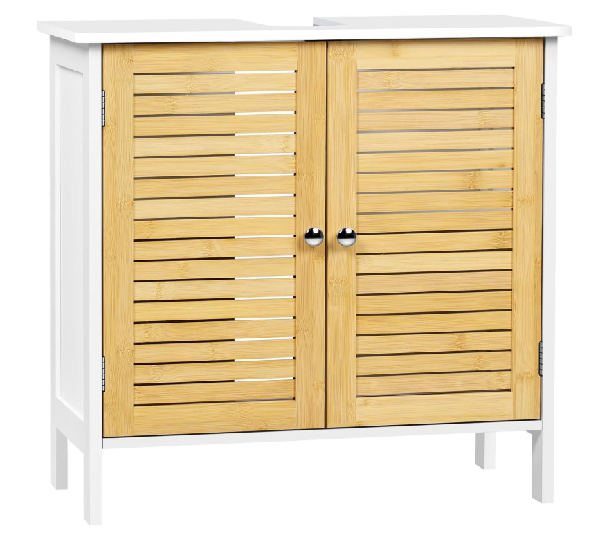 EUGAD Meuble de toilette Naples - Avec découpe pour siphon, étagère réglable et portes à lamelles magnétiques - Pour salle de bain et toilettes - Bois et bambou revêtus de blanc - 60 x 30 x 60 cm