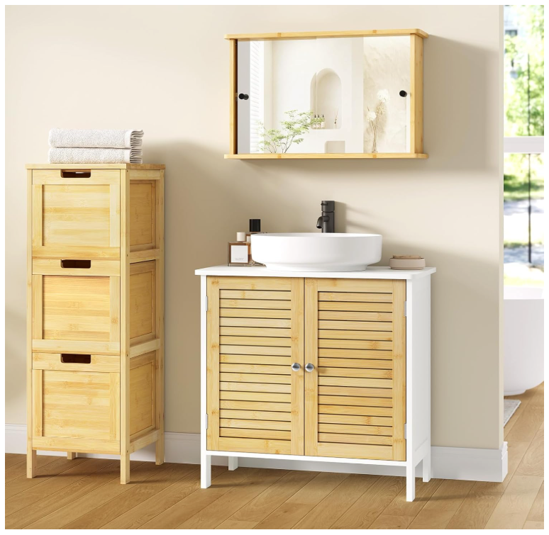 EUGAD Meuble de toilette Naples - Avec découpe pour siphon, étagère réglable et portes à lamelles magnétiques - Pour salle de bain et toilettes - Bois et bambou revêtus de blanc - 60 x 30 x 60 cm