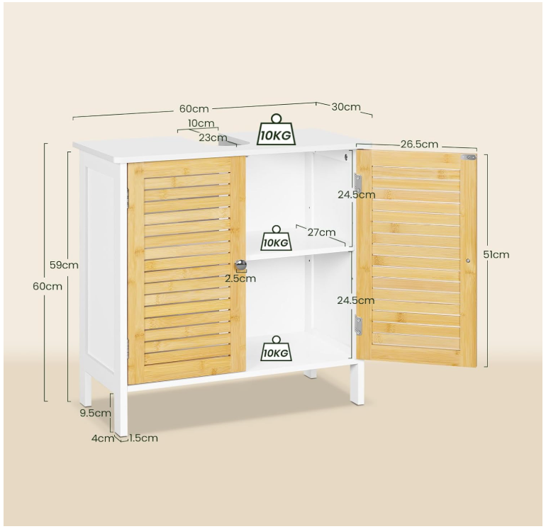 EUGAD Meuble de toilette Naples - Avec découpe pour siphon, étagère réglable et portes à lamelles magnétiques - Pour salle de bain et toilettes - Bois et bambou revêtus de blanc - 60 x 30 x 60 cm